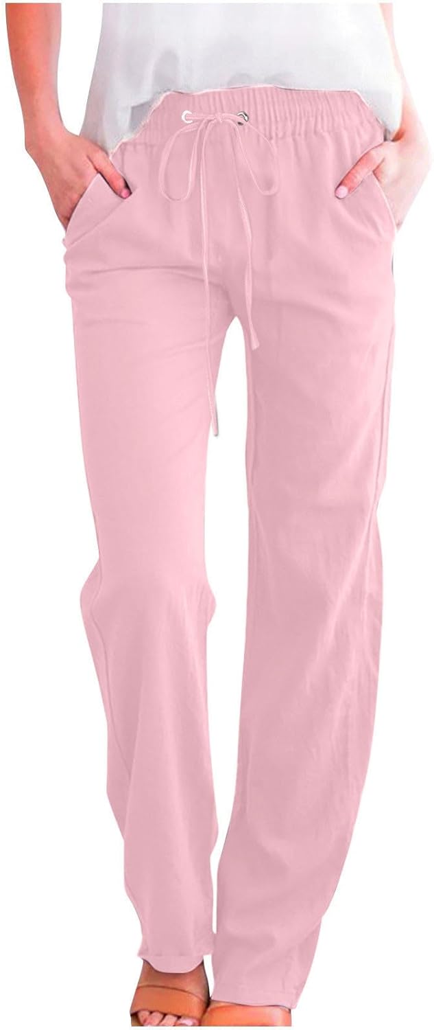 Linen Pants Women Fall Fashion High Waisted Cotton Pants Ladies Casual Plus Size Loose Fit Wide Leg Lounge Trousers