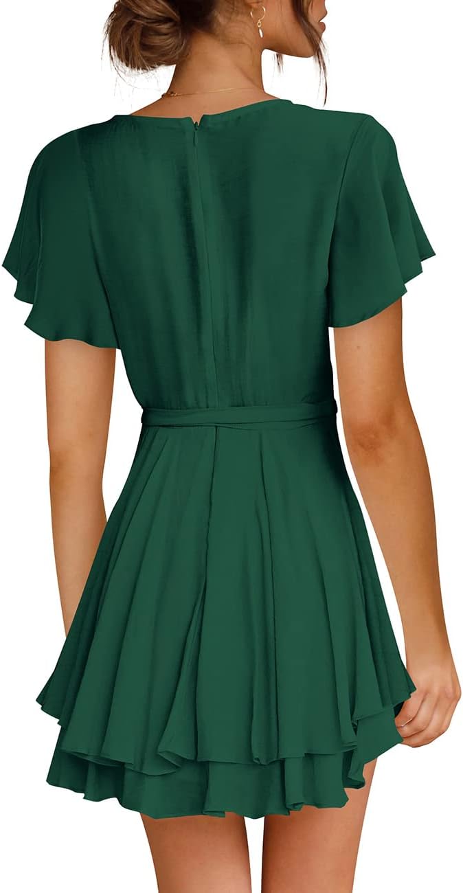Cosonsen Women's Dress Deep V-Neck Long Sleeve Waist Tie Ruffle Mini Swing Skater Dresses