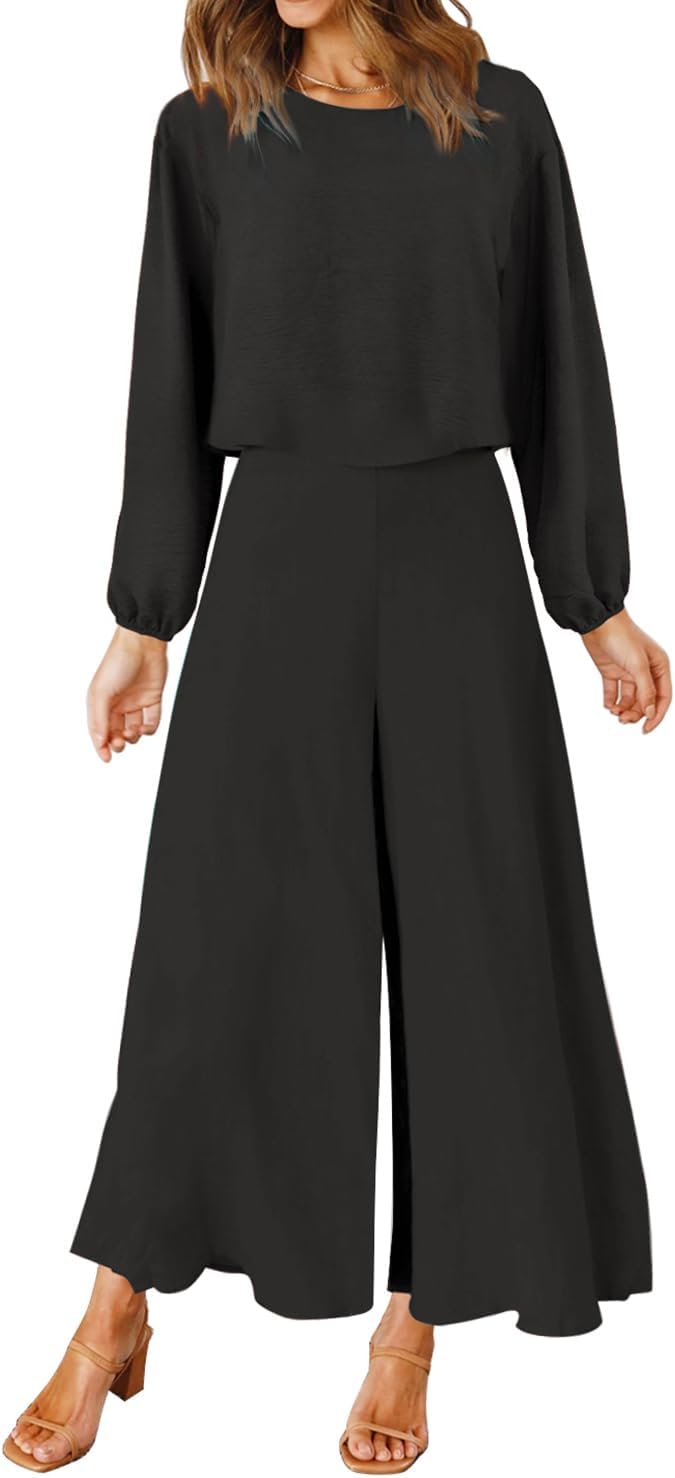 ROYLAMP Women's Summer 2 Piece Outfits Round neck Crop Basic Top Cropped Wide Leg pants Set Jumpsuits