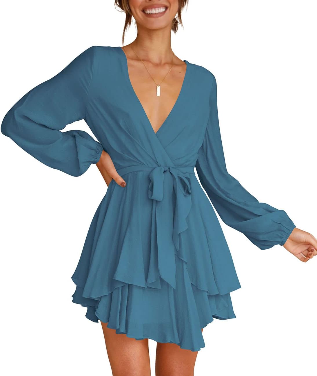 Cosonsen Women's Dress Deep V-Neck Long Sleeve Waist Tie Ruffle Mini Swing Skater Dresses