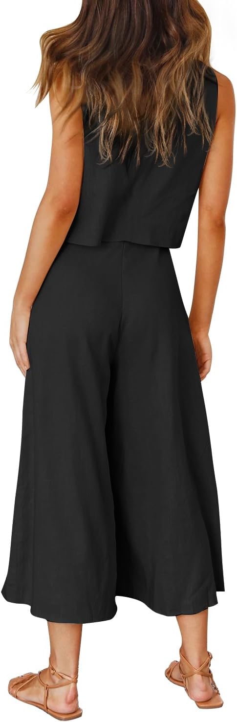 ROYLAMP Women's Summer 2 Piece Outfits Round neck Crop Basic Top Cropped Wide Leg pants Set Jumpsuits