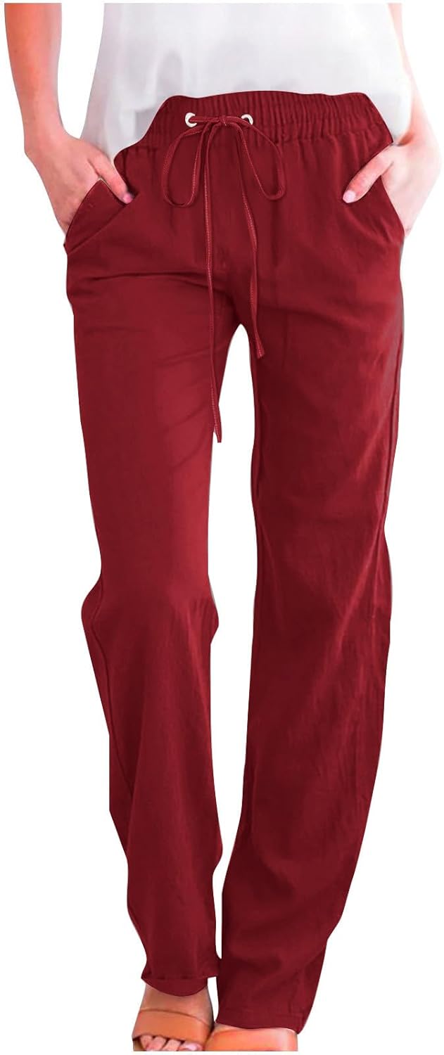 Linen Pants Women Fall Fashion High Waisted Cotton Pants Ladies Casual Plus Size Loose Fit Wide Leg Lounge Trousers