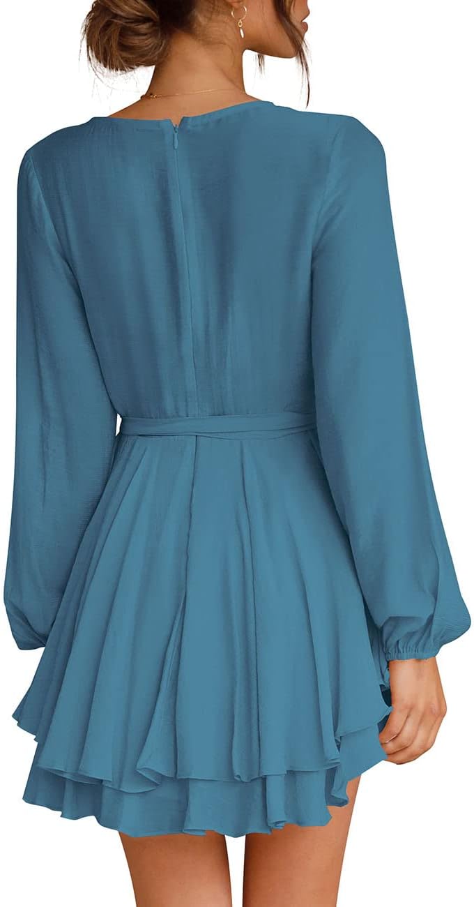 Cosonsen Women's Dress Deep V-Neck Long Sleeve Waist Tie Ruffle Mini Swing Skater Dresses