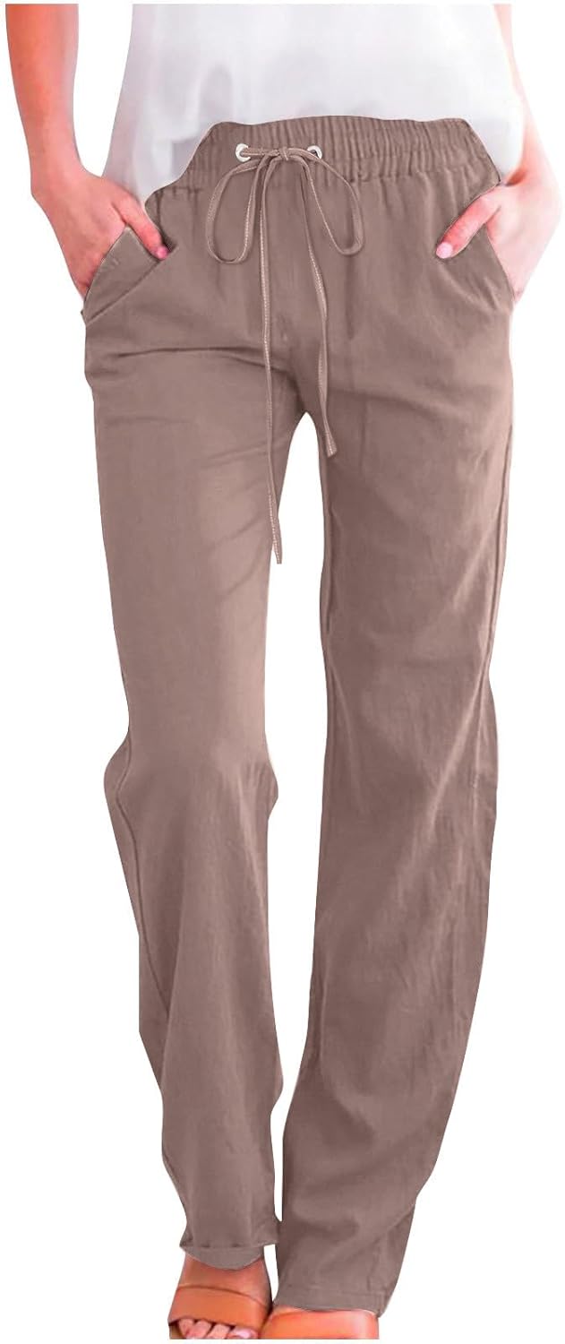 Linen Pants Women Fall Fashion High Waisted Cotton Pants Ladies Casual Plus Size Loose Fit Wide Leg Lounge Trousers