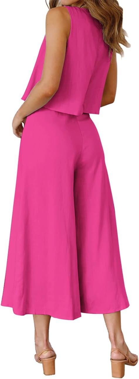 ROYLAMP Women's Summer 2 Piece Outfits Round neck Crop Basic Top Cropped Wide Leg pants Set Jumpsuits
