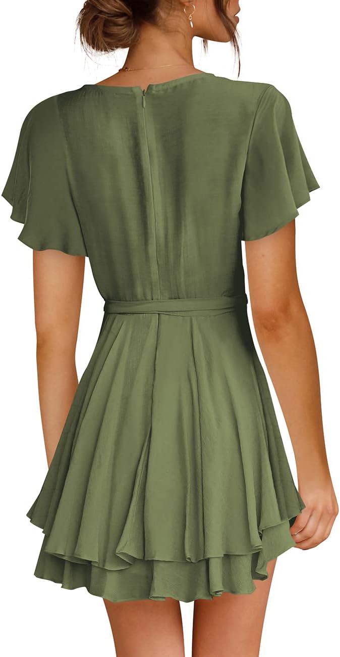 Cosonsen Women's Dress Deep V-Neck Long Sleeve Waist Tie Ruffle Mini Swing Skater Dresses