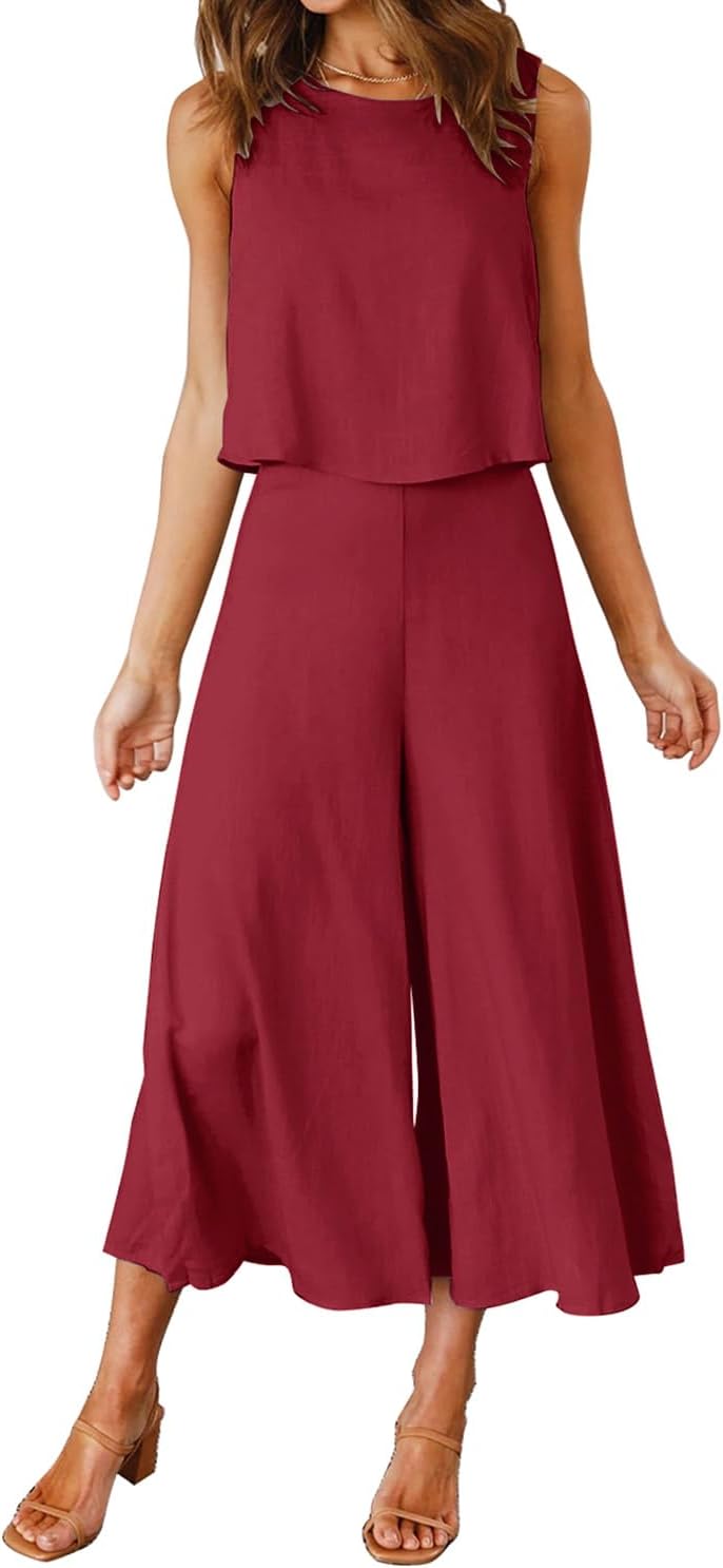 ROYLAMP Women's Summer 2 Piece Outfits Round neck Crop Basic Top Cropped Wide Leg pants Set Jumpsuits