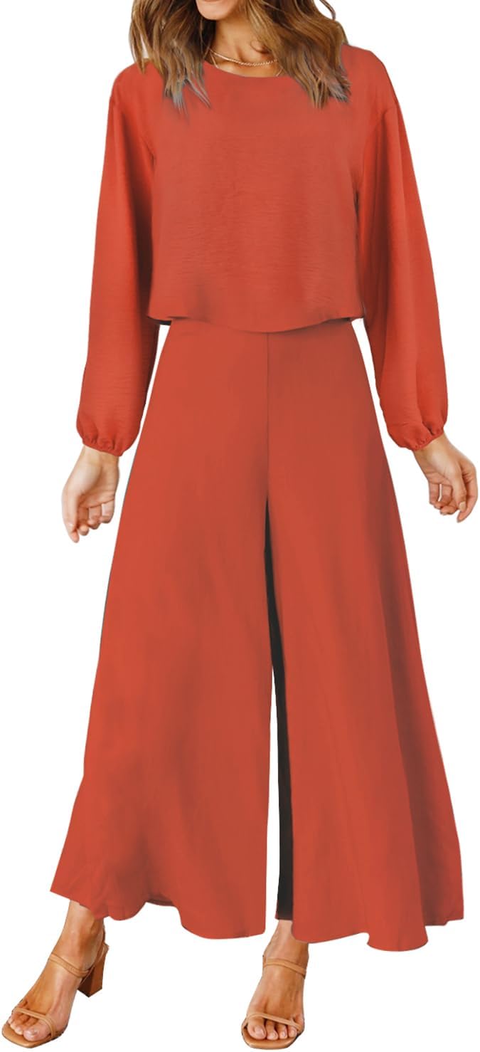 ROYLAMP Women's Summer 2 Piece Outfits Round neck Crop Basic Top Cropped Wide Leg pants Set Jumpsuits