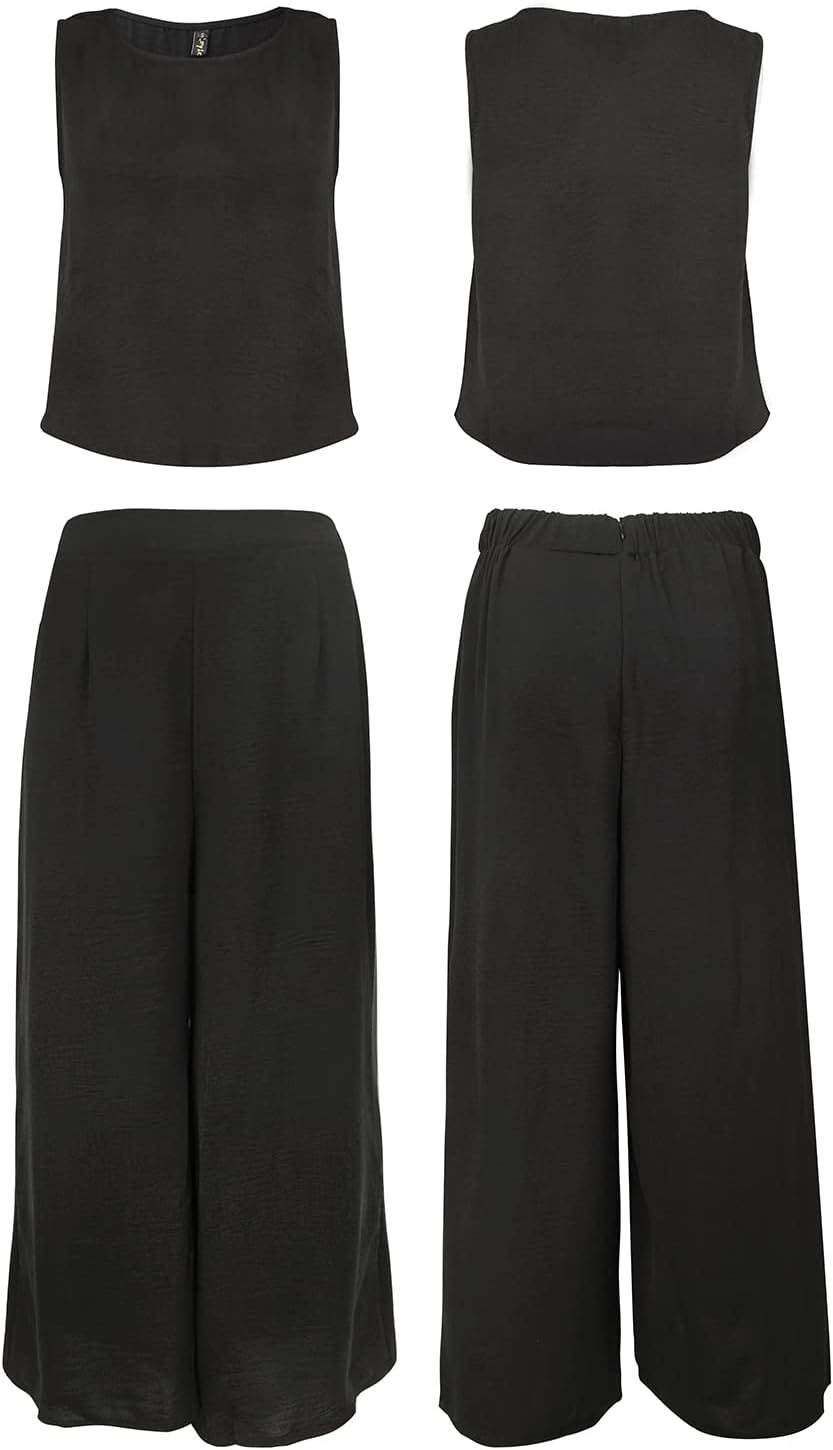 ROYLAMP Women's Summer 2 Piece Outfits Round neck Crop Basic Top Cropped Wide Leg pants Set Jumpsuits