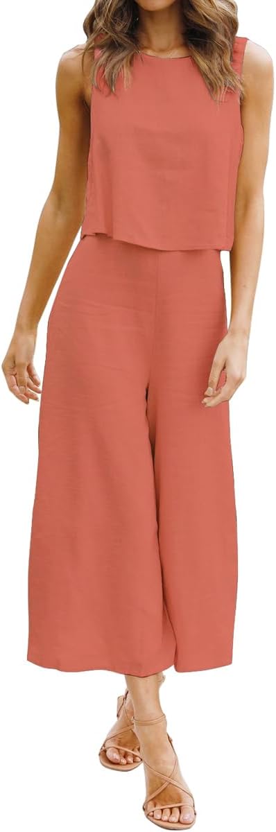 ROYLAMP Women's Summer 2 Piece Outfits Round neck Crop Basic Top Cropped Wide Leg pants Set Jumpsuits