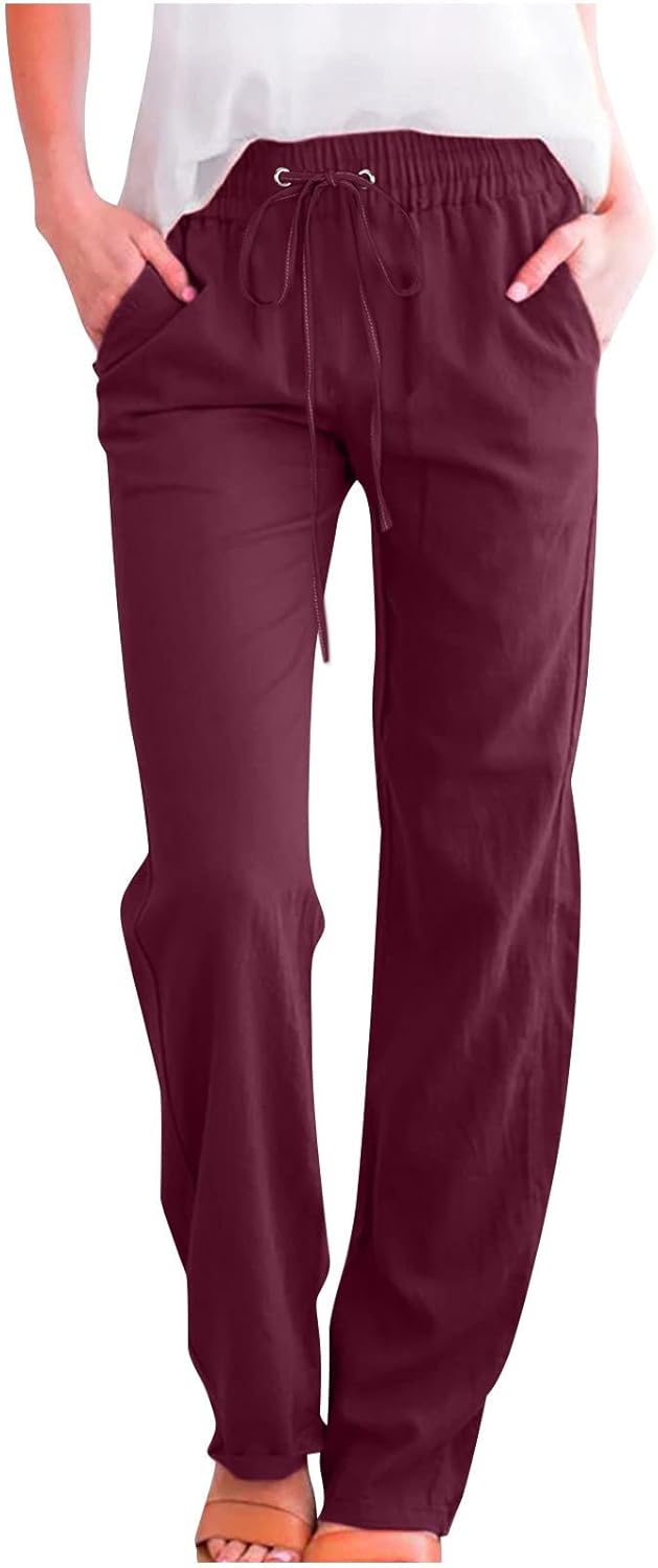 Linen Pants Women Fall Fashion High Waisted Cotton Pants Ladies Casual Plus Size Loose Fit Wide Leg Lounge Trousers