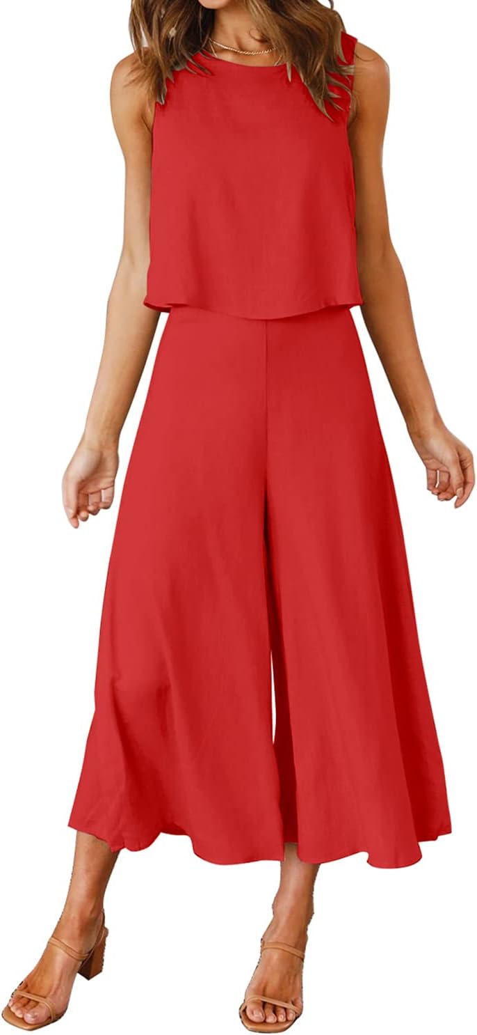 ROYLAMP Women's Summer 2 Piece Outfits Round neck Crop Basic Top Cropped Wide Leg pants Set Jumpsuits