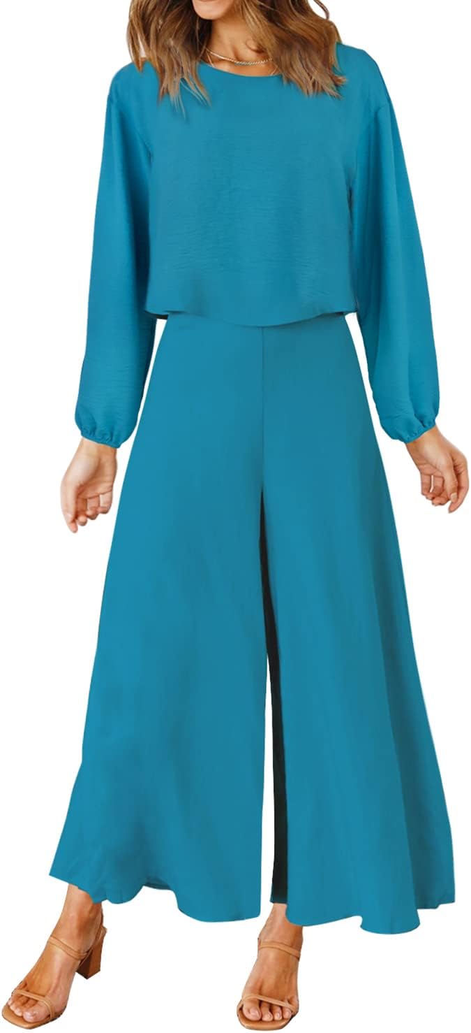 ROYLAMP Women's Summer 2 Piece Outfits Round neck Crop Basic Top Cropped Wide Leg pants Set Jumpsuits