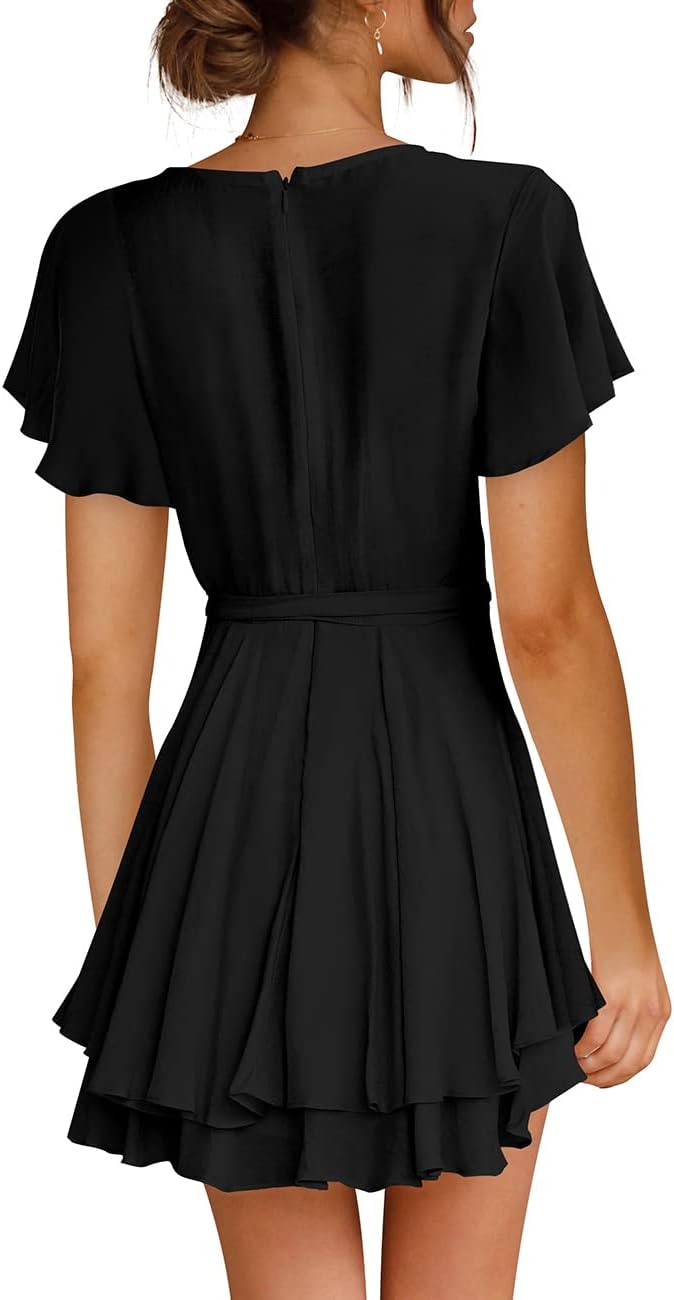 Cosonsen Women's Dress Deep V-Neck Long Sleeve Waist Tie Ruffle Mini Swing Skater Dresses