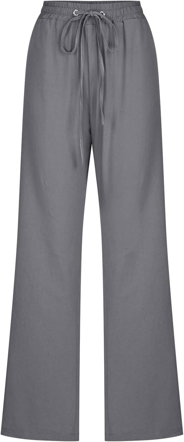 Linen Pants Women Fall Fashion High Waisted Cotton Pants Ladies Casual Plus Size Loose Fit Wide Leg Lounge Trousers