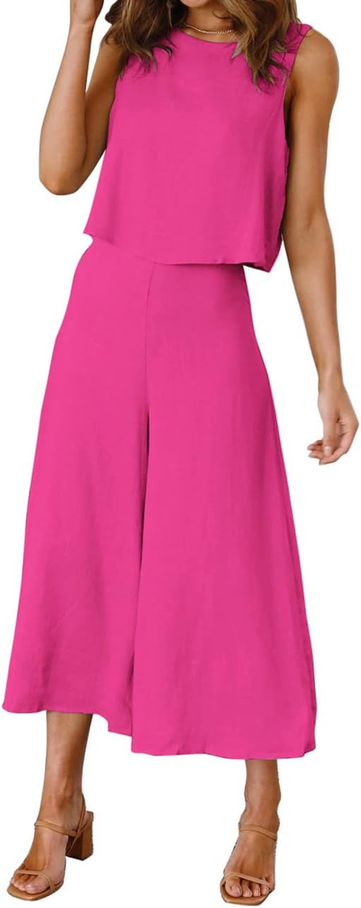 ROYLAMP Women's Summer 2 Piece Outfits Round neck Crop Basic Top Cropped Wide Leg pants Set Jumpsuits