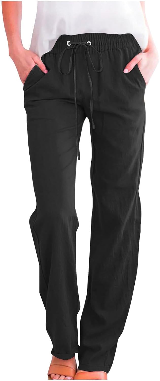 Linen Pants Women Fall Fashion High Waisted Cotton Pants Ladies Casual Plus Size Loose Fit Wide Leg Lounge Trousers