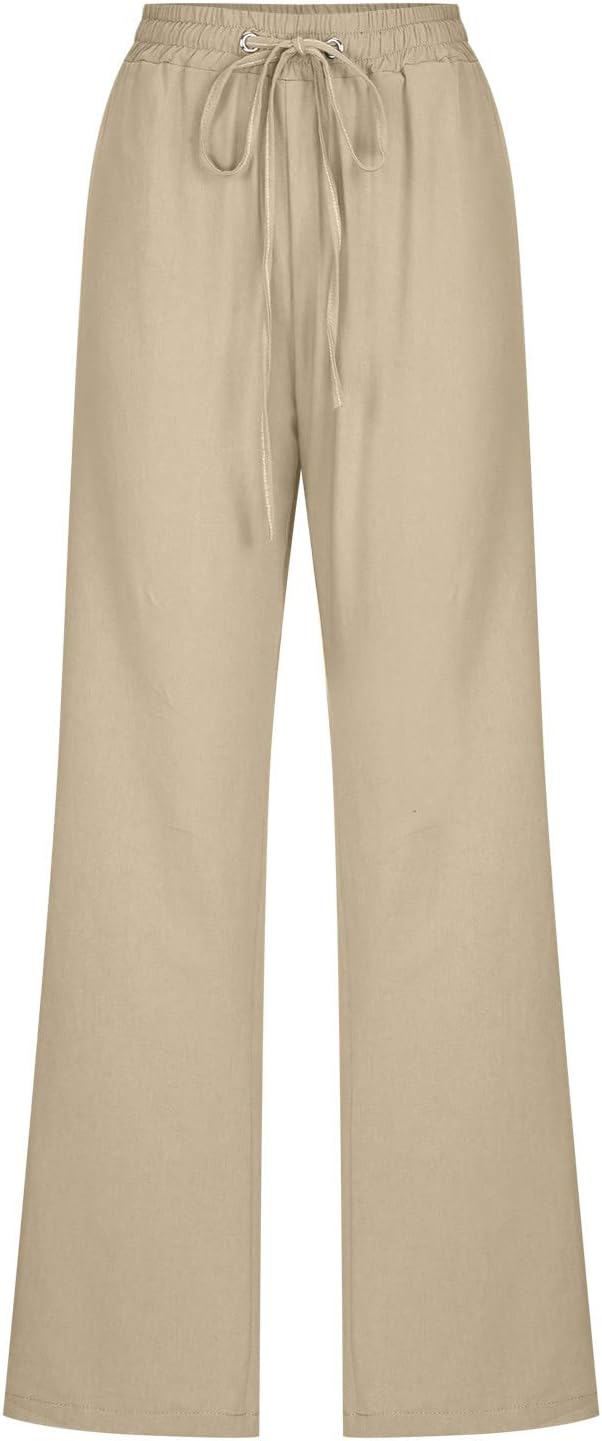Linen Pants Women Fall Fashion High Waisted Cotton Pants Ladies Casual Plus Size Loose Fit Wide Leg Lounge Trousers