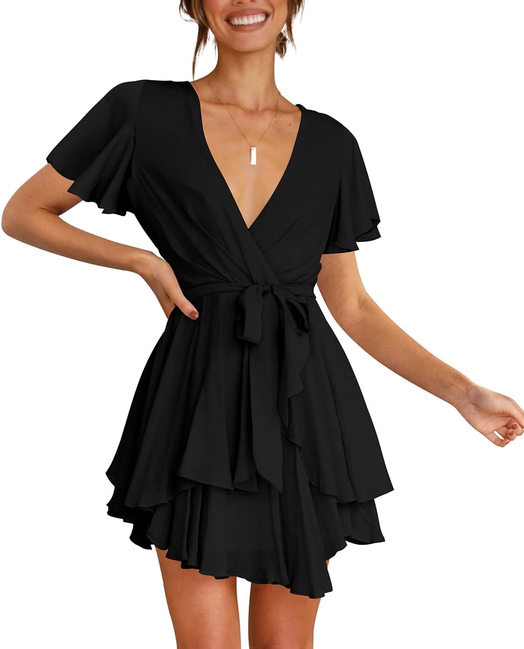Cosonsen Women's Dress Deep V-Neck Long Sleeve Waist Tie Ruffle Mini Swing Skater Dresses