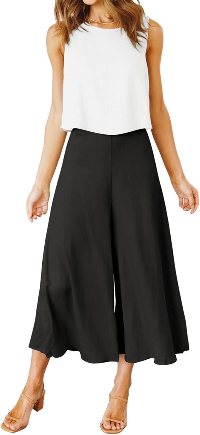 ROYLAMP Women's Summer 2 Piece Outfits Round neck Crop Basic Top Cropped Wide Leg pants Set Jumpsuits