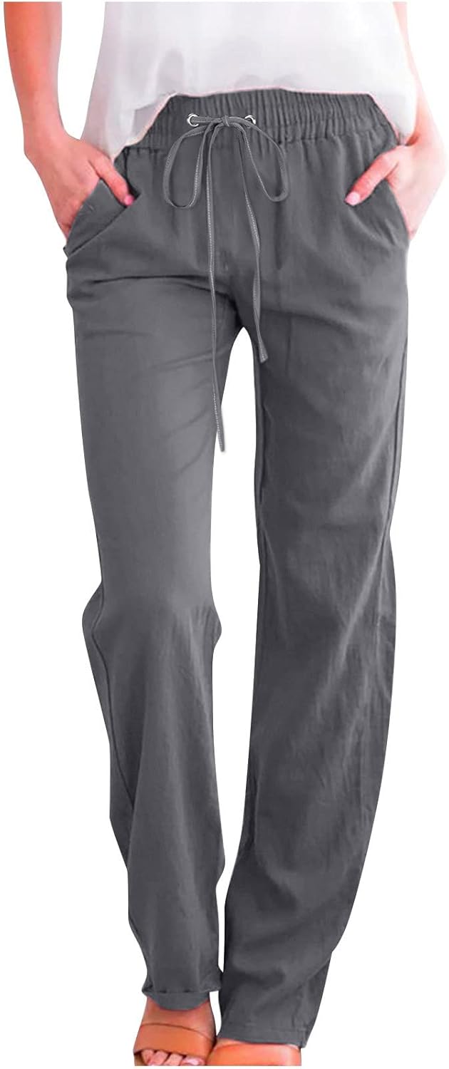Linen Pants Women Fall Fashion High Waisted Cotton Pants Ladies Casual Plus Size Loose Fit Wide Leg Lounge Trousers