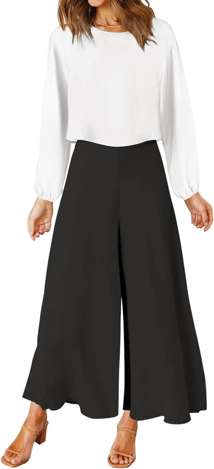 ROYLAMP Women's Summer 2 Piece Outfits Round neck Crop Basic Top Cropped Wide Leg pants Set Jumpsuits