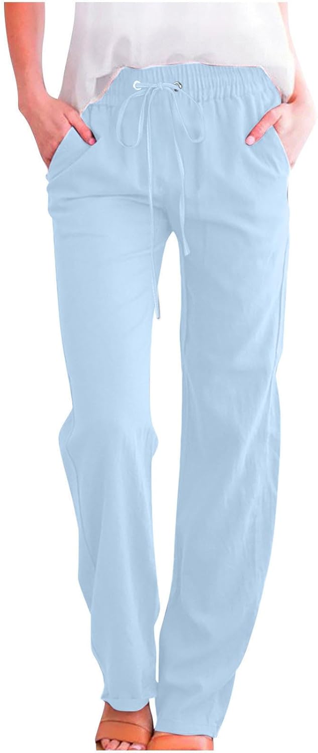 Linen Pants Women Fall Fashion High Waisted Cotton Pants Ladies Casual Plus Size Loose Fit Wide Leg Lounge Trousers
