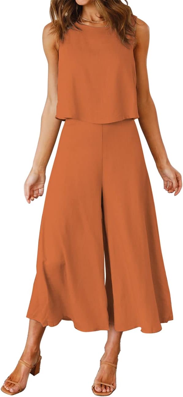 ROYLAMP Women's Summer 2 Piece Outfits Round neck Crop Basic Top Cropped Wide Leg pants Set Jumpsuits