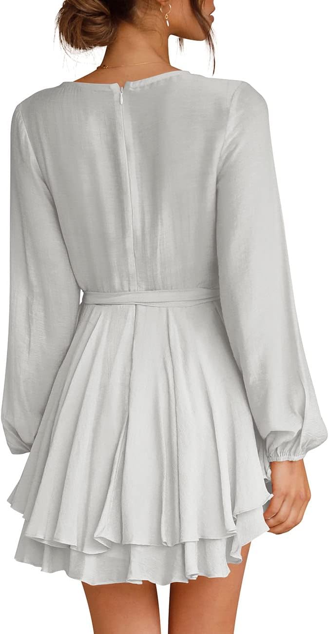 Cosonsen Women's Dress Deep V-Neck Long Sleeve Waist Tie Ruffle Mini Swing Skater Dresses