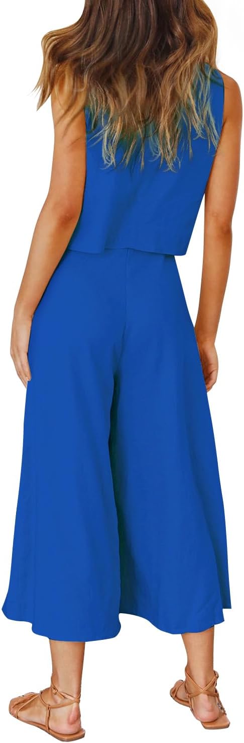 ROYLAMP Women's Summer 2 Piece Outfits Round neck Crop Basic Top Cropped Wide Leg pants Set Jumpsuits