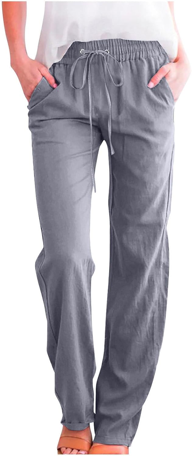 Linen Pants Women Fall Fashion High Waisted Cotton Pants Ladies Casual Plus Size Loose Fit Wide Leg Lounge Trousers