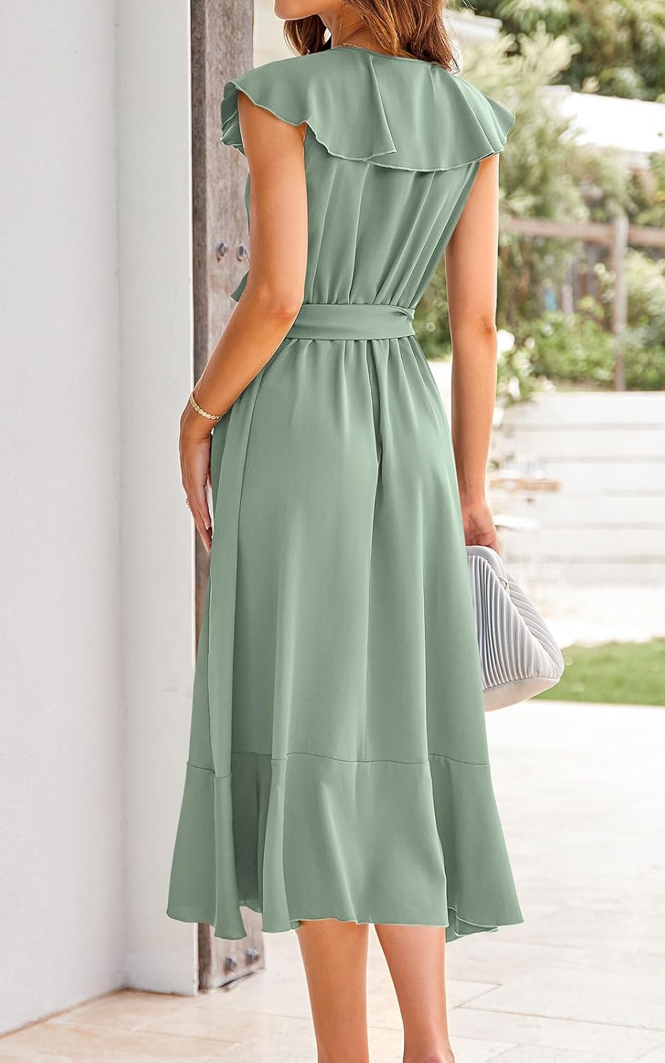 PRETTYGARDEN Women's 2025 Summer Cross Midi Dress Casual Boho Deep V Neck Short Sleeve Ruffle Hem Split Beach Long Dresses