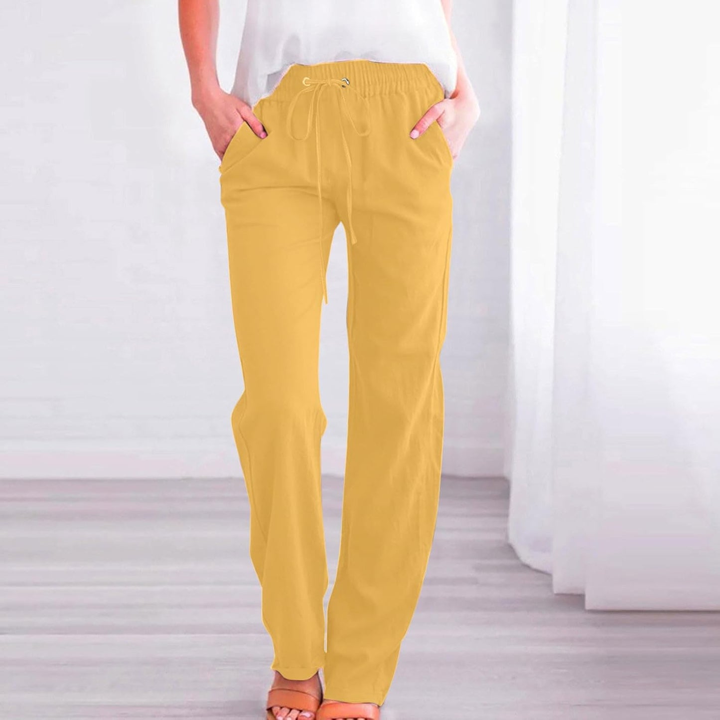 Linen Pants Women Fall Fashion High Waisted Cotton Pants Ladies Casual Plus Size Loose Fit Wide Leg Lounge Trousers