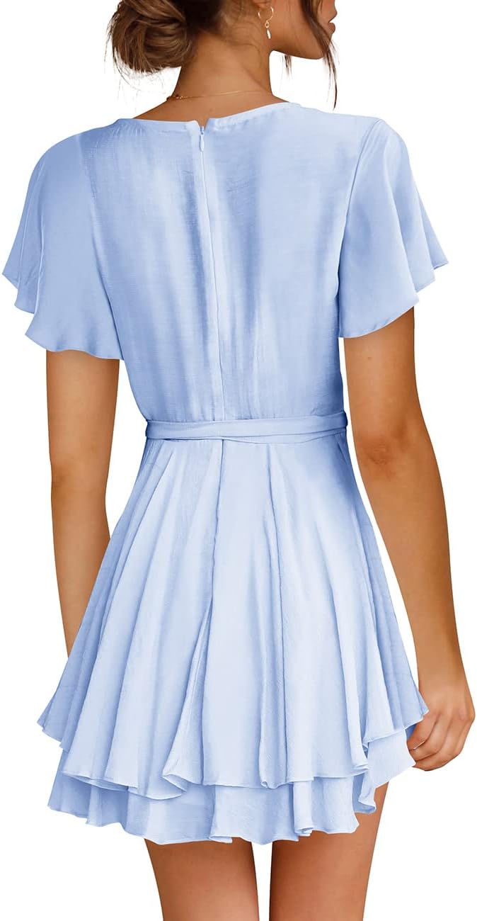 Cosonsen Women's Dress Deep V-Neck Long Sleeve Waist Tie Ruffle Mini Swing Skater Dresses