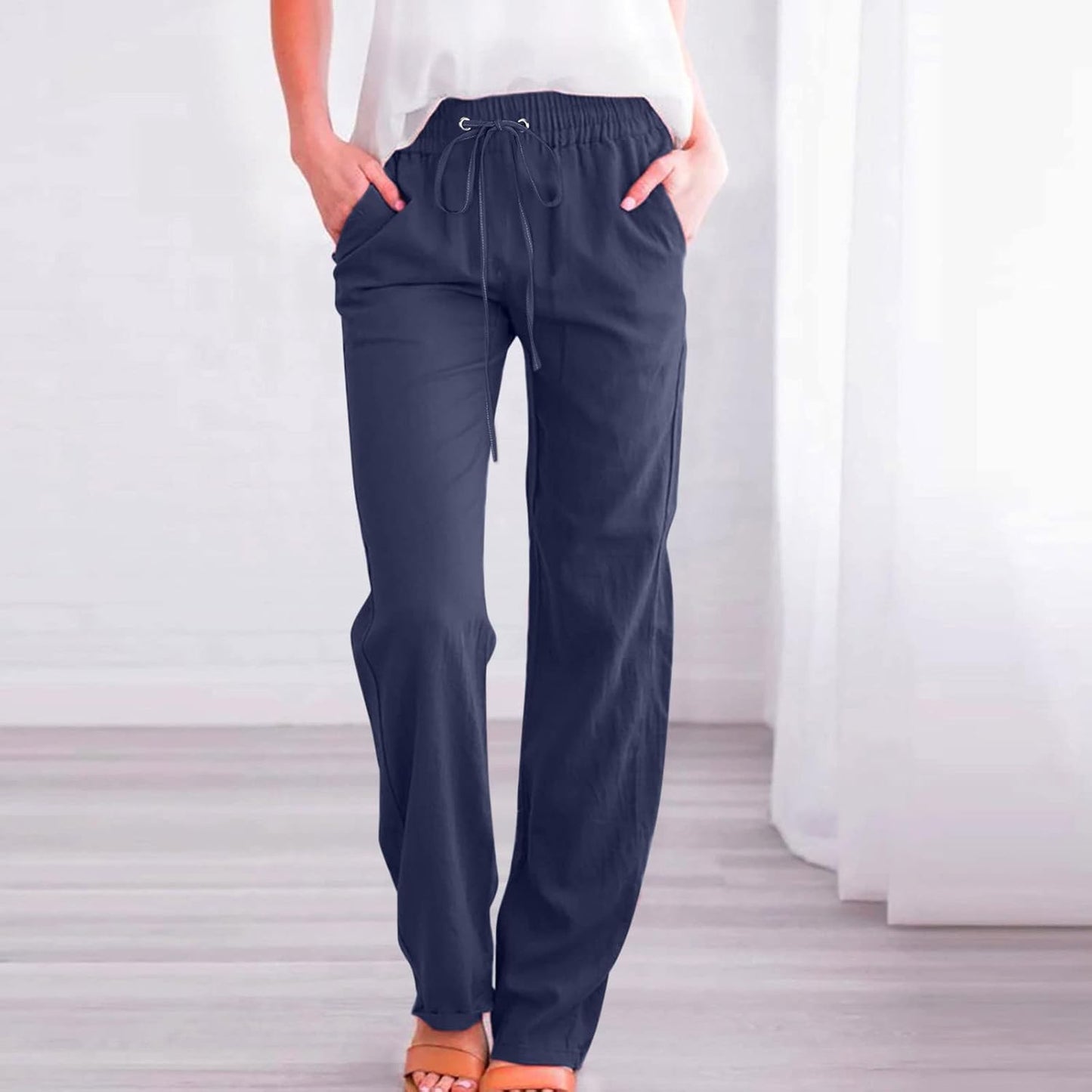 Linen Pants Women Fall Fashion High Waisted Cotton Pants Ladies Casual Plus Size Loose Fit Wide Leg Lounge Trousers