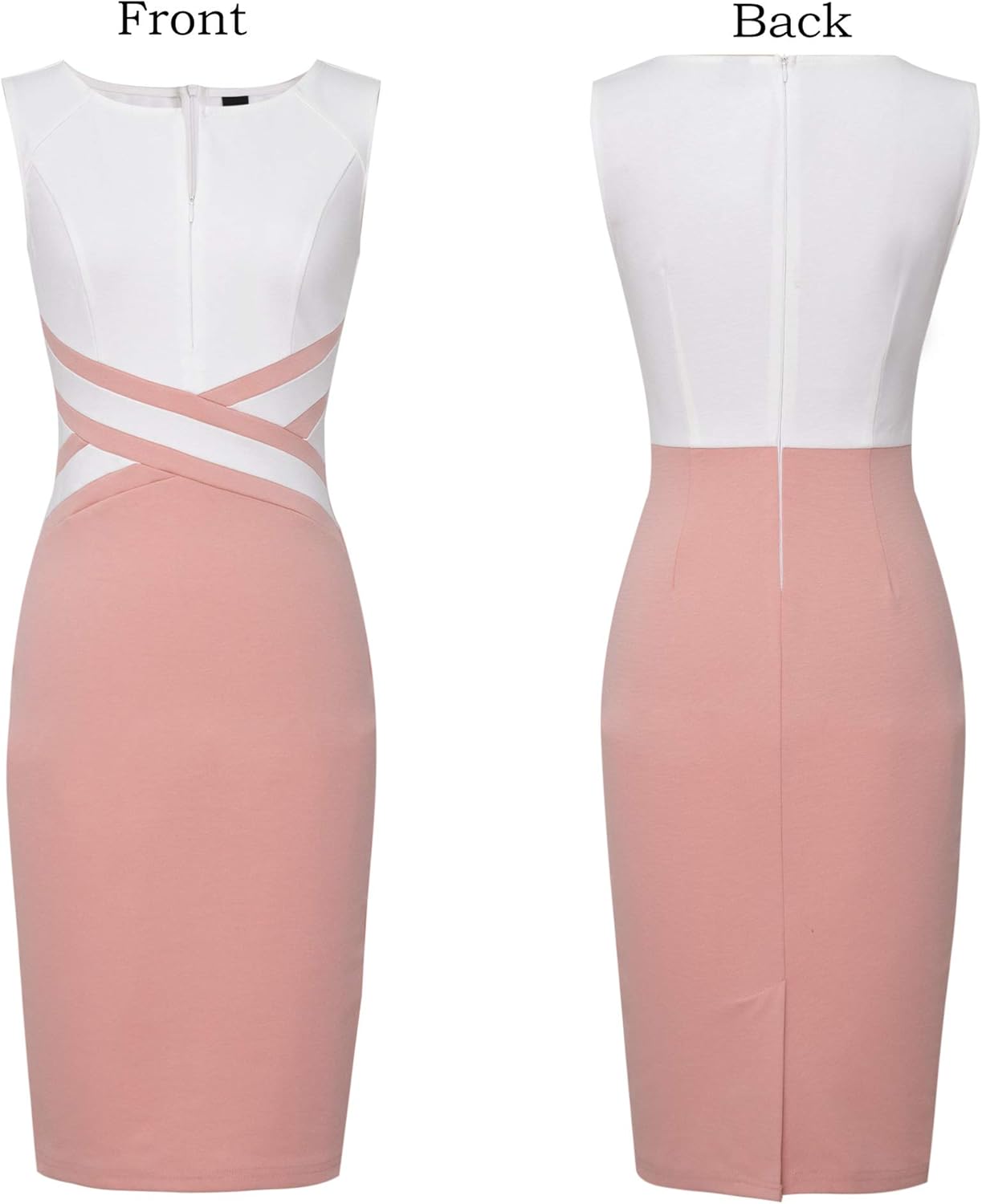 VFSHOW Womens Colorblock Patchwork Slim Front Zipper Work Business Office Party Bodycon Pencil Sheath Dress