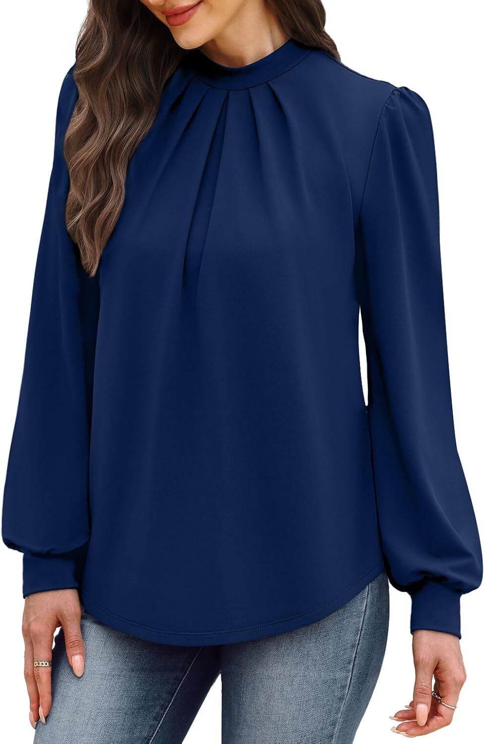 WIHOLL Long Sleeve Shirts for Women Mock Neck Tops Pleated Front Blouses Dressy Casual Fall Clothes 2025 Fashion