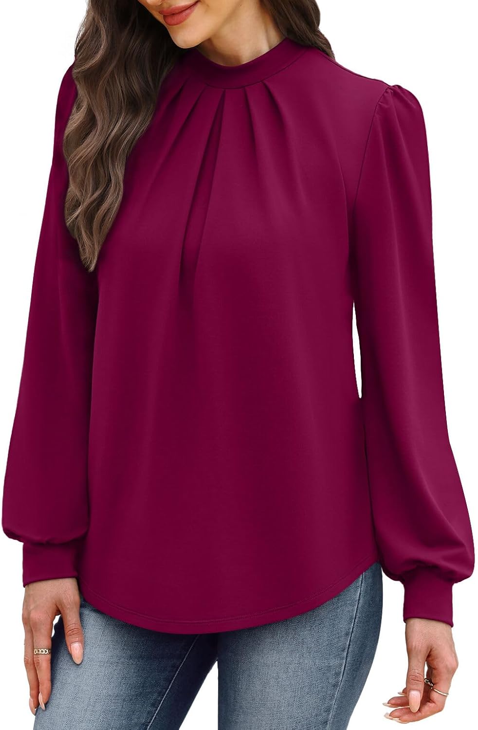 WIHOLL Long Sleeve Shirts for Women Mock Neck Tops Pleated Front Blouses Dressy Casual Fall Clothes 2025 Fashion