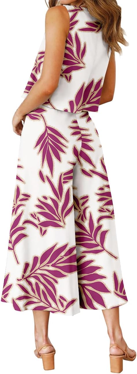 ROYLAMP Women's Summer 2 Piece Outfits Round neck Crop Basic Top Cropped Wide Leg pants Set Jumpsuits
