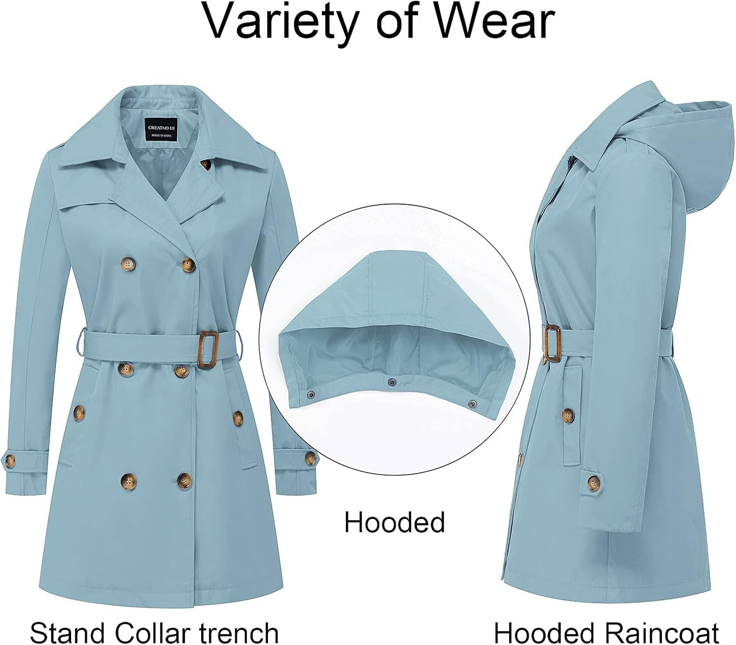 CREATMO US Women's Trench Coat Double-Breasted Classic Lapel Overcoat Belted Slim Outerwear Coat with Detachable Hood