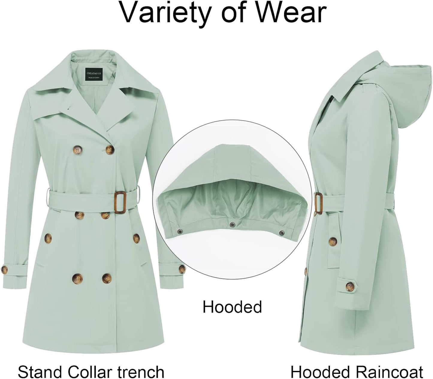 CREATMO US Women's Trench Coat Double-Breasted Classic Lapel Overcoat Belted Slim Outerwear Coat with Detachable Hood