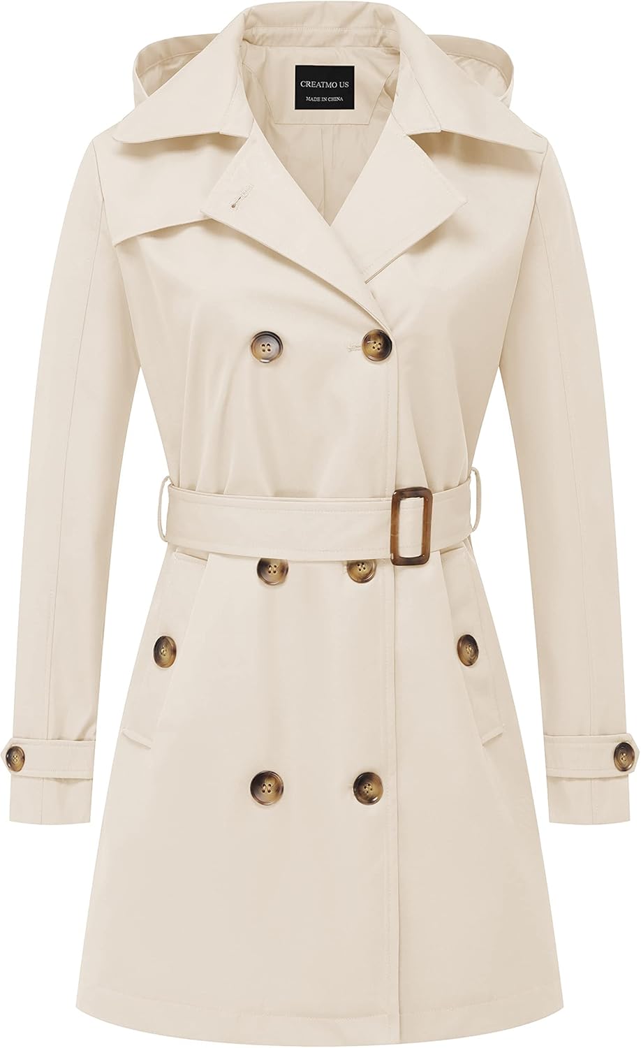 CREATMO US Women's Trench Coat Double-Breasted Classic Lapel Overcoat Belted Slim Outerwear Coat with Detachable Hood