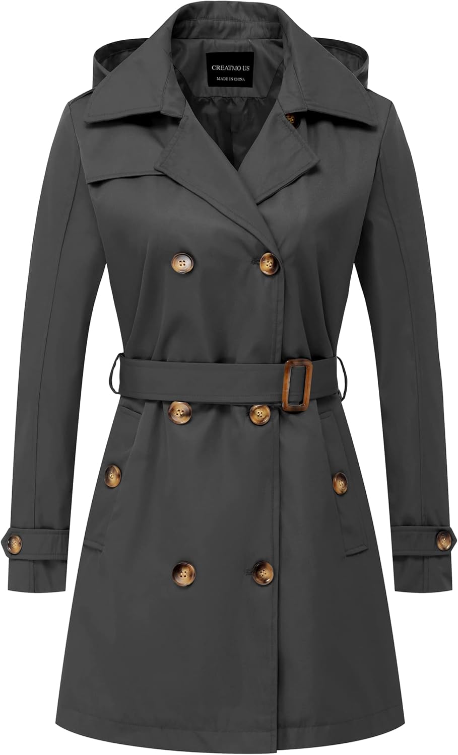CREATMO US Women's Trench Coat Double-Breasted Classic Lapel Overcoat Belted Slim Outerwear Coat with Detachable Hood