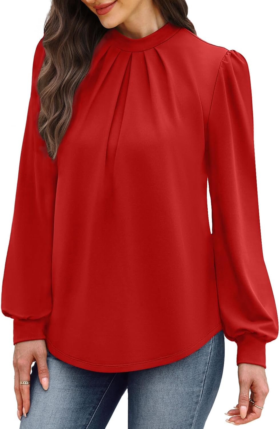 WIHOLL Long Sleeve Shirts for Women Mock Neck Tops Pleated Front Blouses Dressy Casual Fall Clothes 2025 Fashion