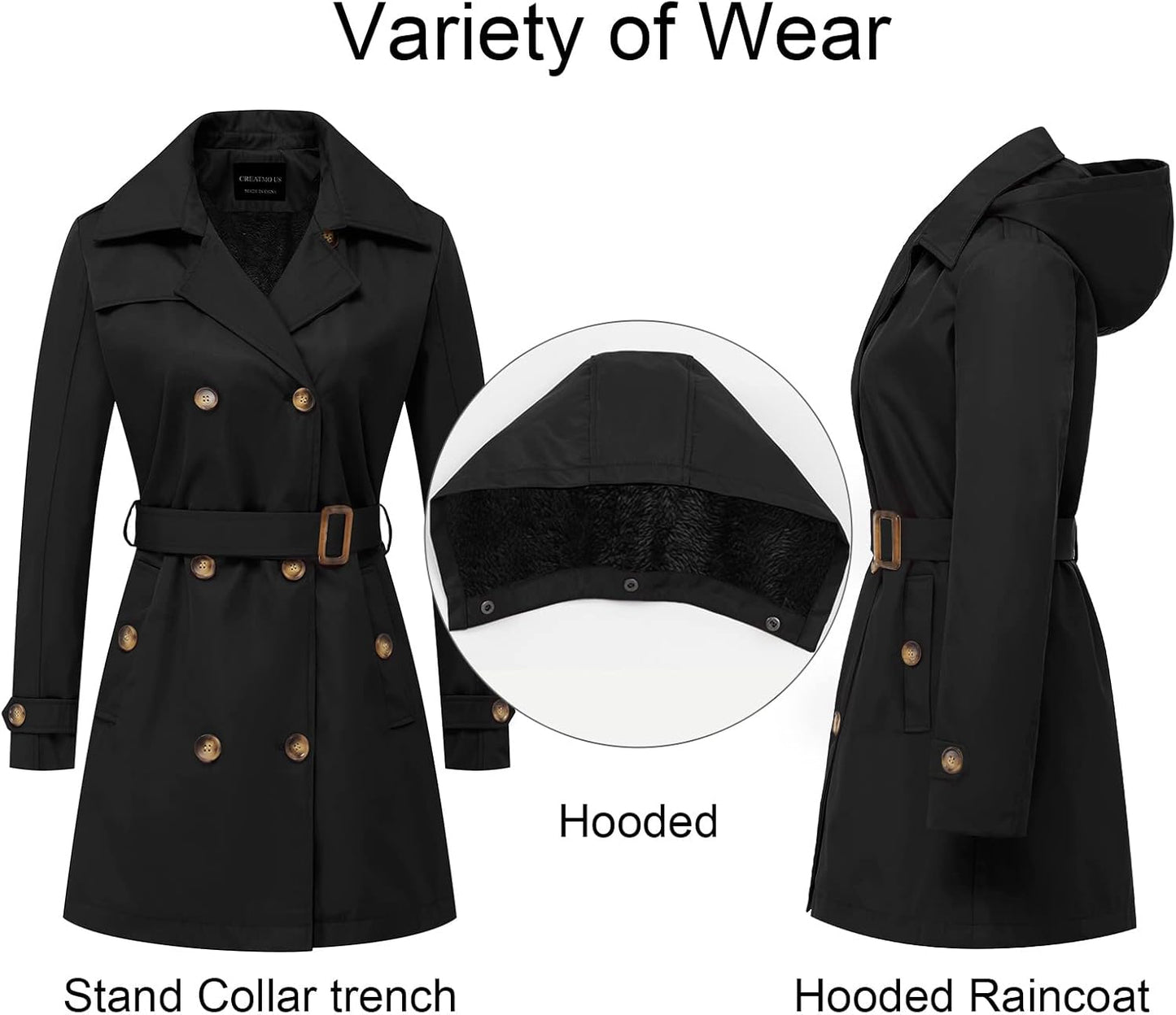 CREATMO US Women's Trench Coat Double-Breasted Classic Lapel Overcoat Belted Slim Outerwear Coat with Detachable Hood