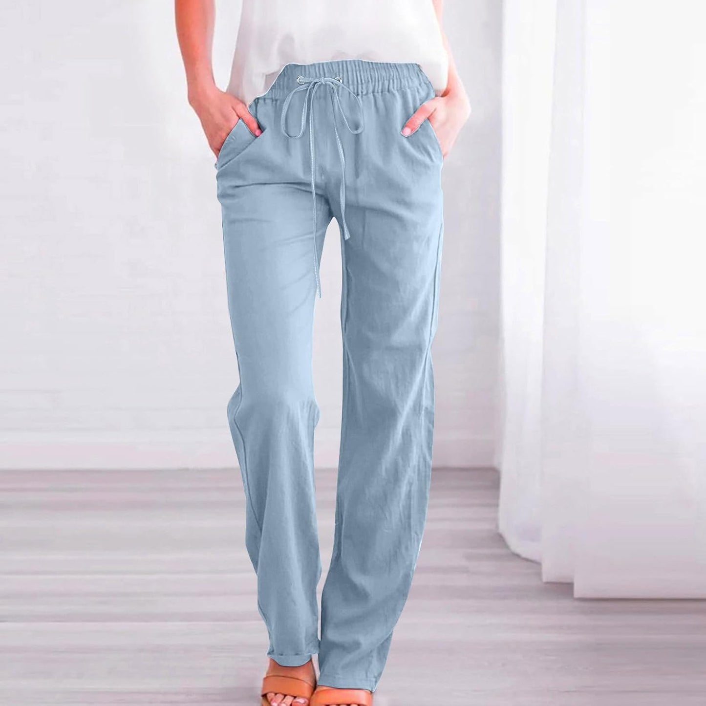 Linen Pants Women Fall Fashion High Waisted Cotton Pants Ladies Casual Plus Size Loose Fit Wide Leg Lounge Trousers