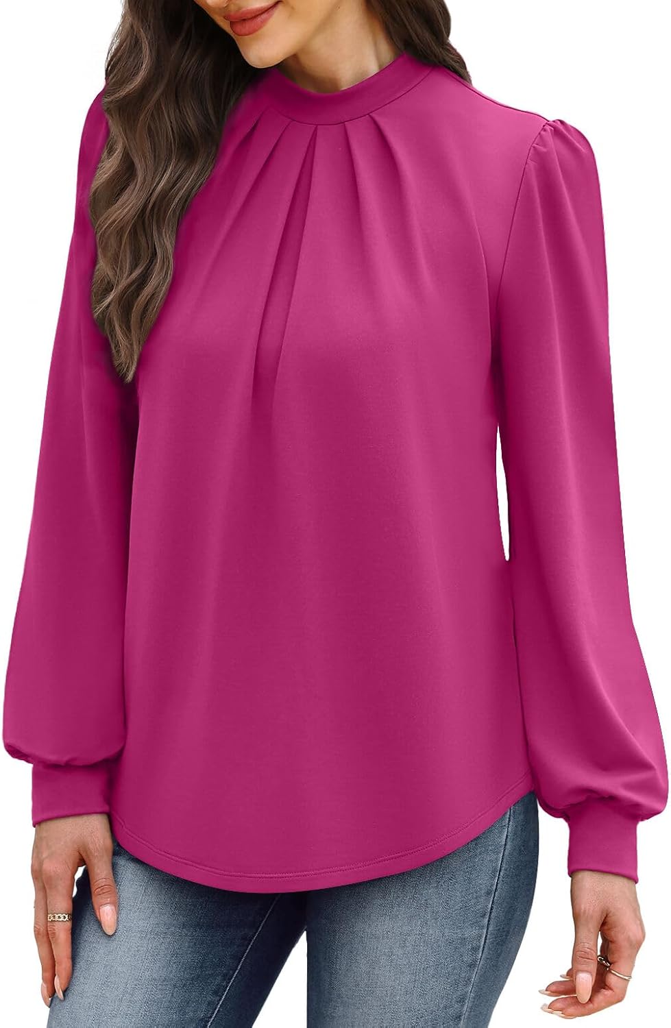 WIHOLL Long Sleeve Shirts for Women Mock Neck Tops Pleated Front Blouses Dressy Casual Fall Clothes 2025 Fashion
