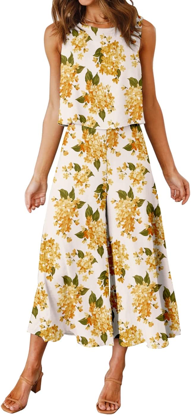 ROYLAMP Women's Summer 2 Piece Outfits Round neck Crop Basic Top Cropped Wide Leg pants Set Jumpsuits