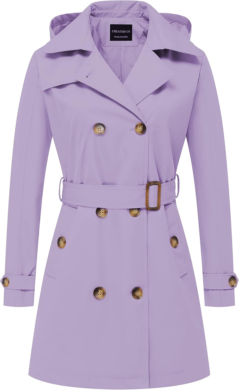 CREATMO US Women's Trench Coat Double-Breasted Classic Lapel Overcoat Belted Slim Outerwear Coat with Detachable Hood
