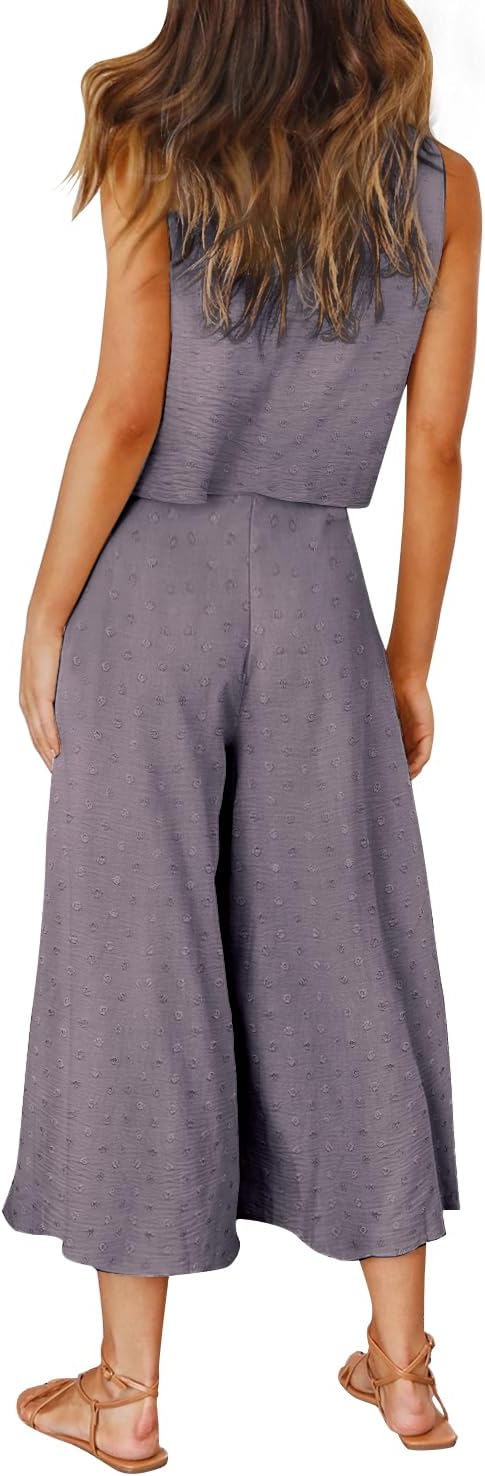 ROYLAMP Women's Summer 2 Piece Outfits Round neck Crop Basic Top Cropped Wide Leg pants Set Jumpsuits